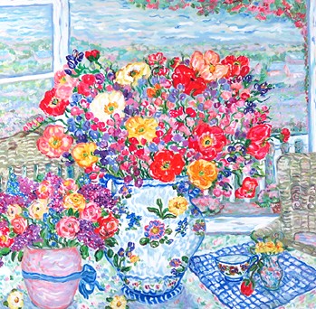 レスリー・セイヤーの絵画作品　タイトルは、カラフルテーブル